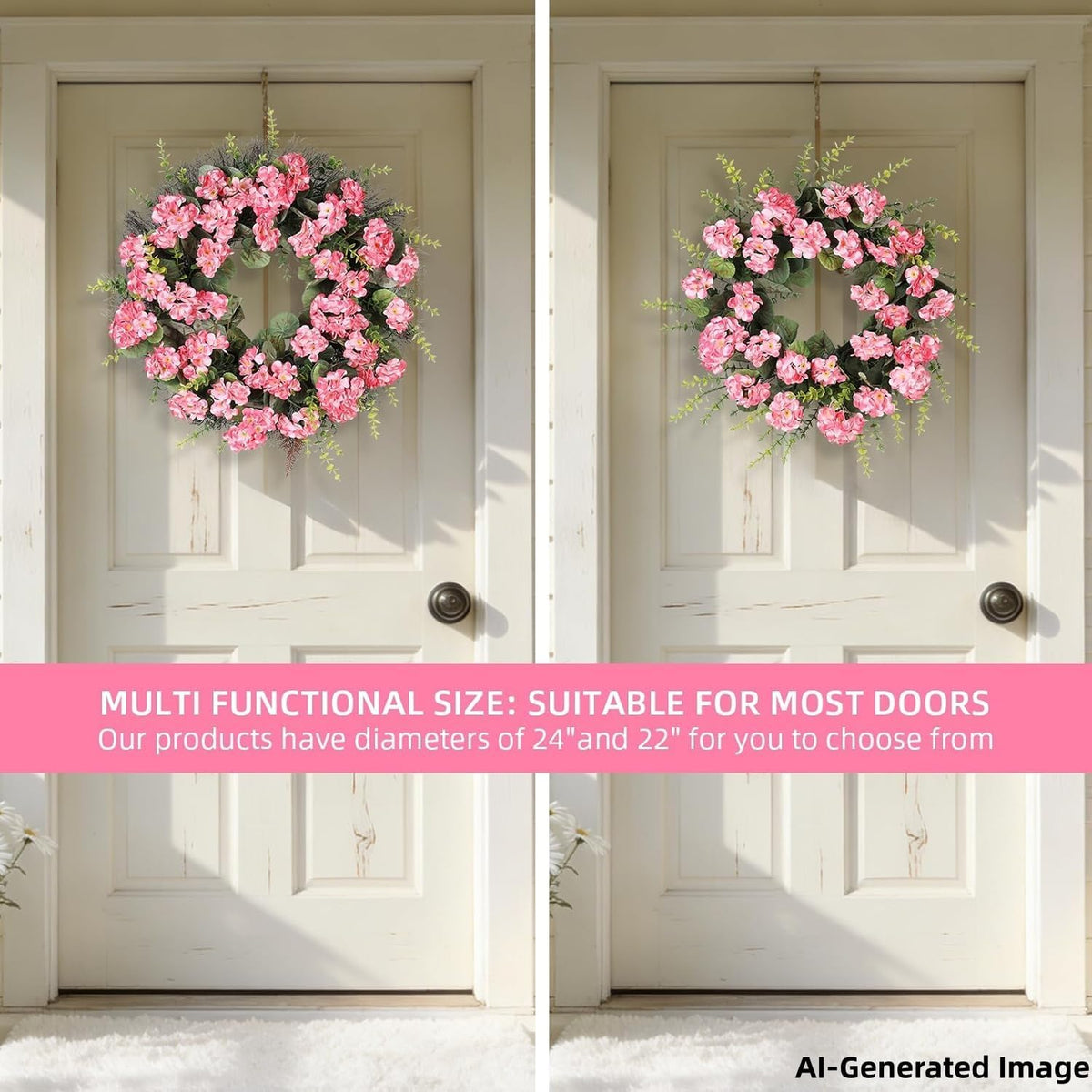 Spring Summer Wreaths for Front Door 24 Inch Pink Artificial Geranium Wreath with Blessed Hanging Sign for Indoor and Outdoor Decor