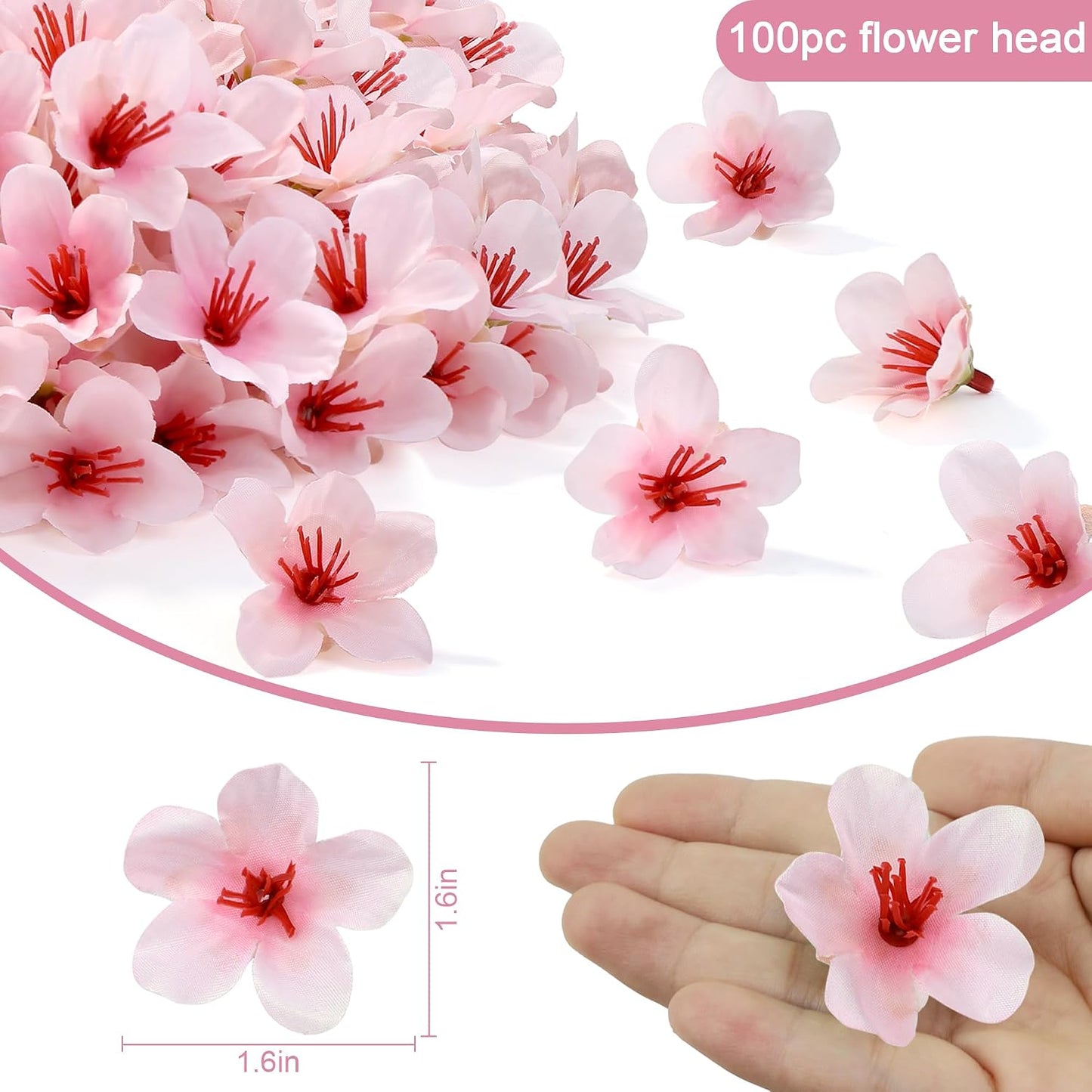 100Pcs 1.6In Mini Artificial Pink Cherry Blossom Flowers Head | Fake Rose Heads for Wedding, Birthday, Cake, Graduation Cap, DIY Flower Wall, Mother's Day Party Decorations
