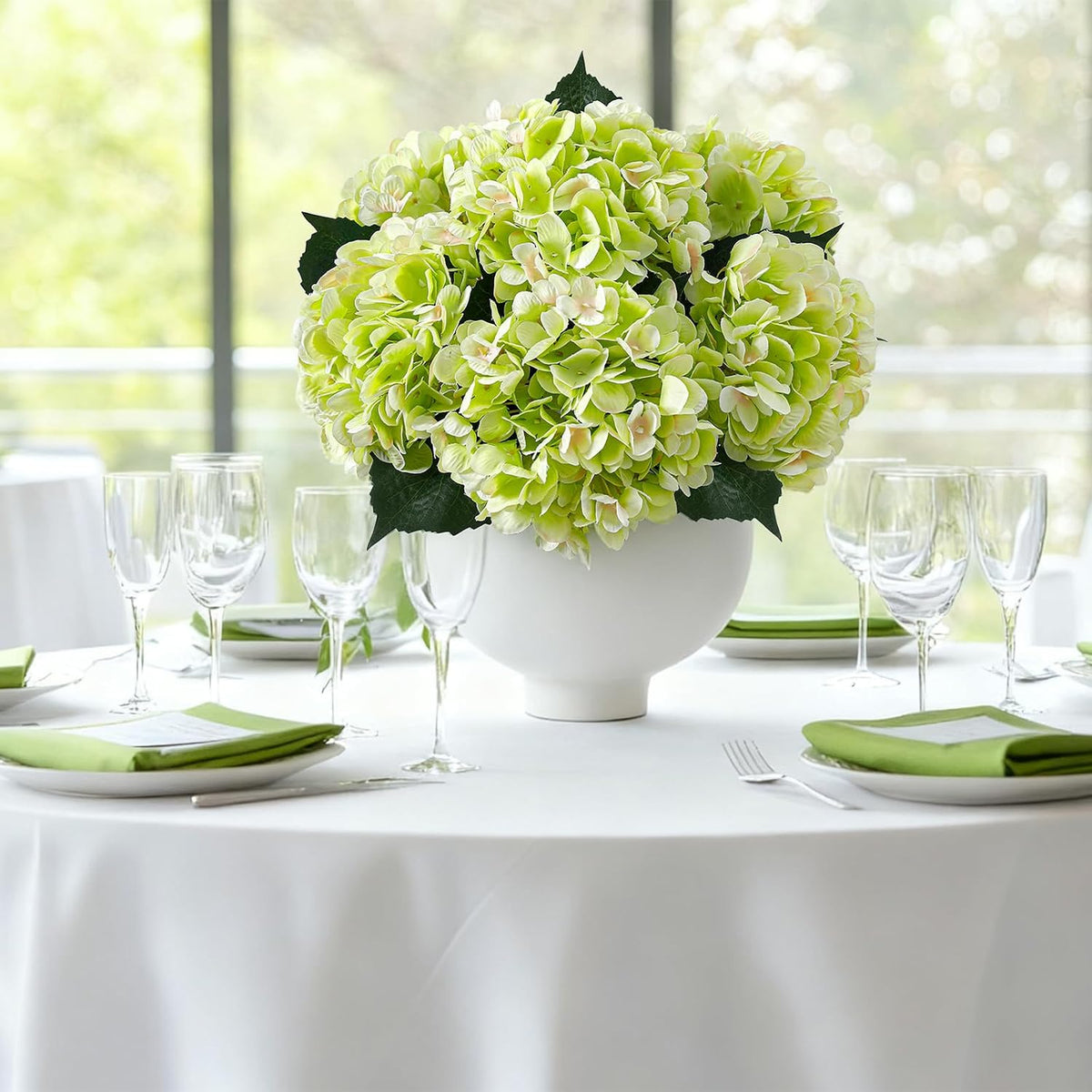 6PCS Realistic Artificial Silk Hydrangea Flowers – Premium Fake Hydrangea Flowers Bouquets with Stems, Full Faux Hydrangea Blooms for Home Wedding Table Party Office Decorations(Light Green)