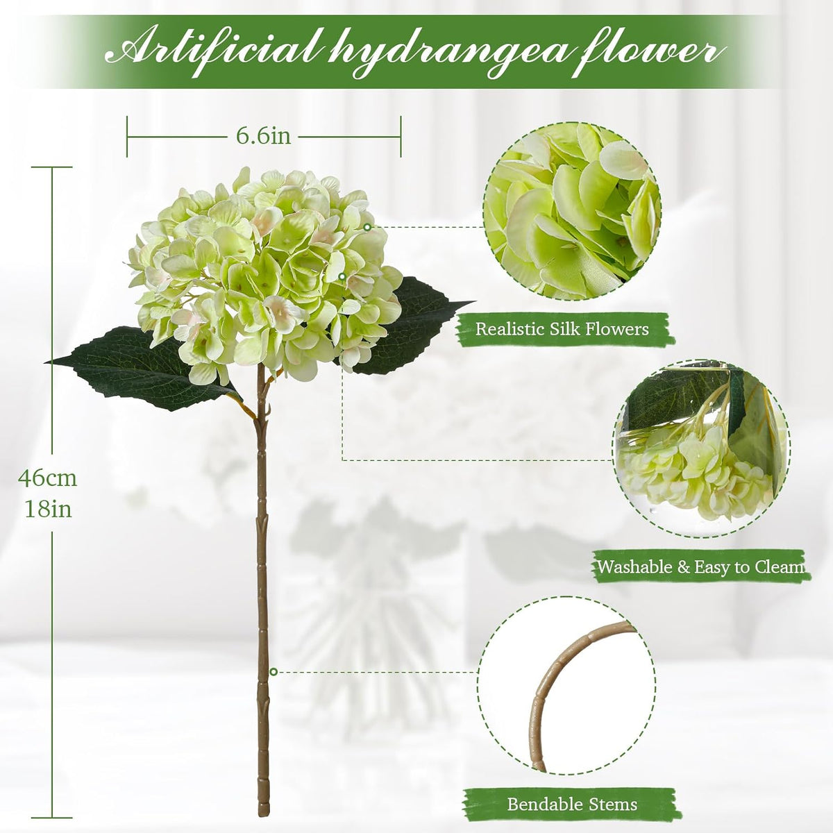6PCS Realistic Artificial Silk Hydrangea Flowers – Premium Fake Hydrangea Flowers Bouquets with Stems, Full Faux Hydrangea Blooms for Home Wedding Table Party Office Decorations(Light Green)