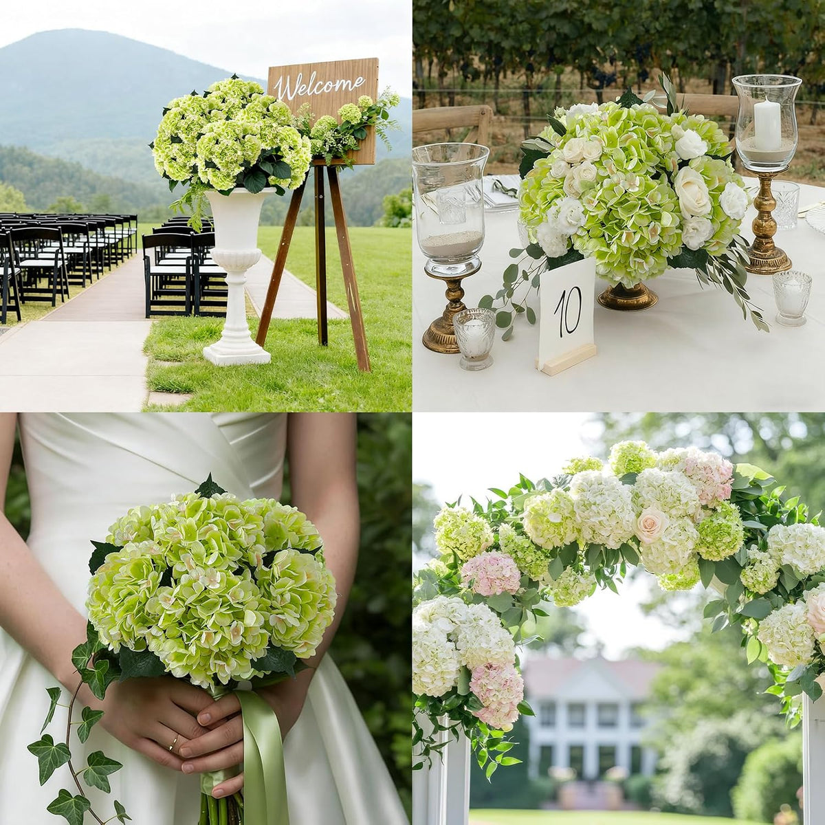 6PCS Realistic Artificial Silk Hydrangea Flowers – Premium Fake Hydrangea Flowers Bouquets with Stems, Full Faux Hydrangea Blooms for Home Wedding Table Party Office Decorations(Light Green)