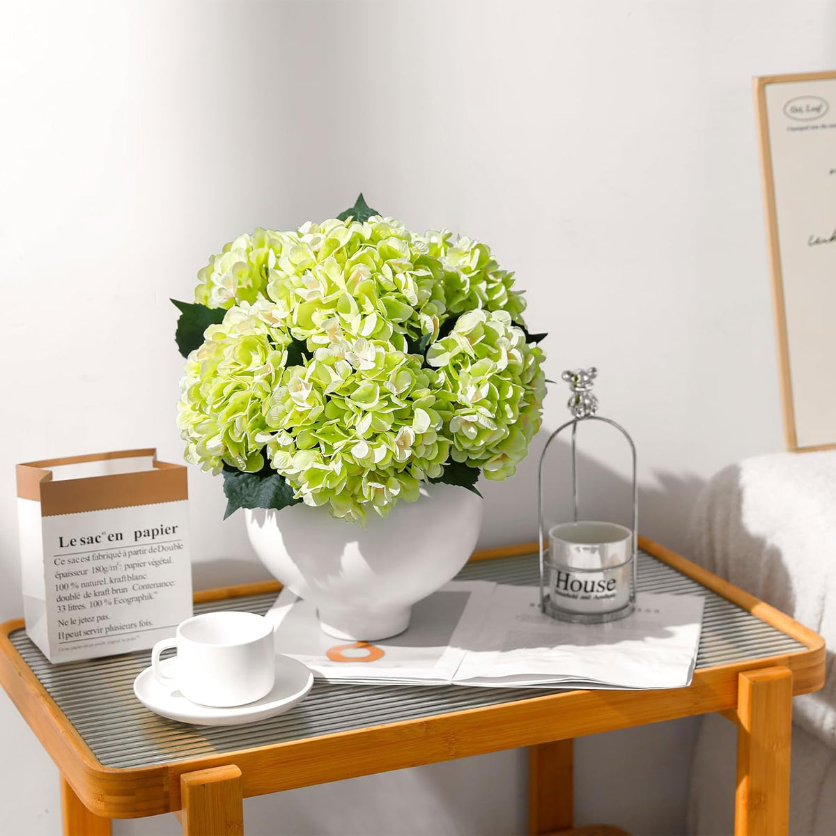 6PCS Realistic Artificial Silk Hydrangea Flowers – Premium Fake Hydrangea Flowers Bouquets with Stems, Full Faux Hydrangea Blooms for Home Wedding Table Party Office Decorations(Light Green)