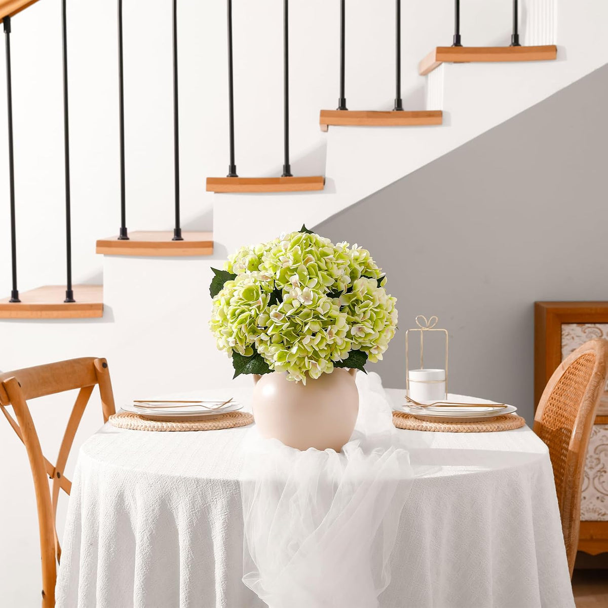 6PCS Realistic Artificial Silk Hydrangea Flowers – Premium Fake Hydrangea Flowers Bouquets with Stems, Full Faux Hydrangea Blooms for Home Wedding Table Party Office Decorations(Light Green)