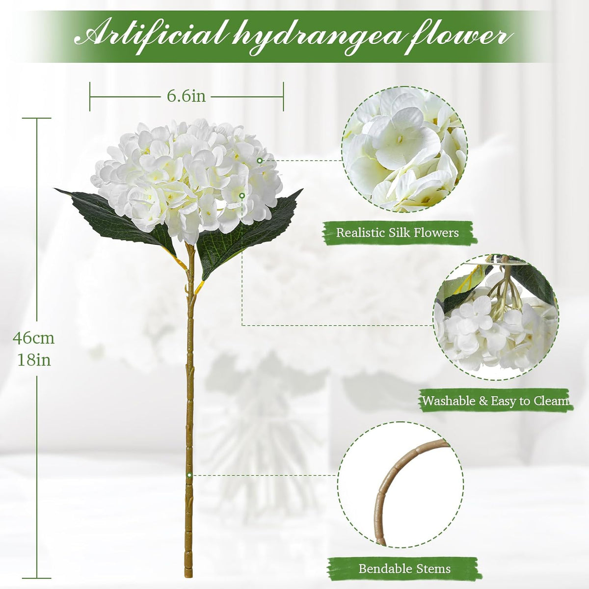 6PCS Realistic Artificial Silk Hydrangea Flowers – Premium Fake Hydrangea Flowers Bouquets with Stems, Full Faux Hydrangea Blooms for Home Wedding Table Party Office Decorations(Light Green)