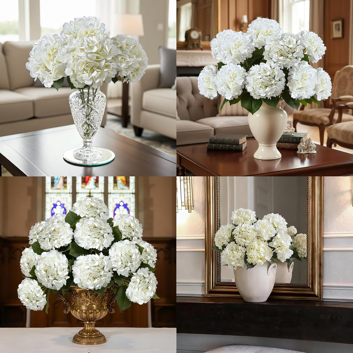 6PCS Realistic Artificial Silk Hydrangea Flowers – Premium Fake Hydrangea Flowers Bouquets with Stems, Full Faux Hydrangea Blooms for Home Wedding Table Party Office Decorations(Light Green)