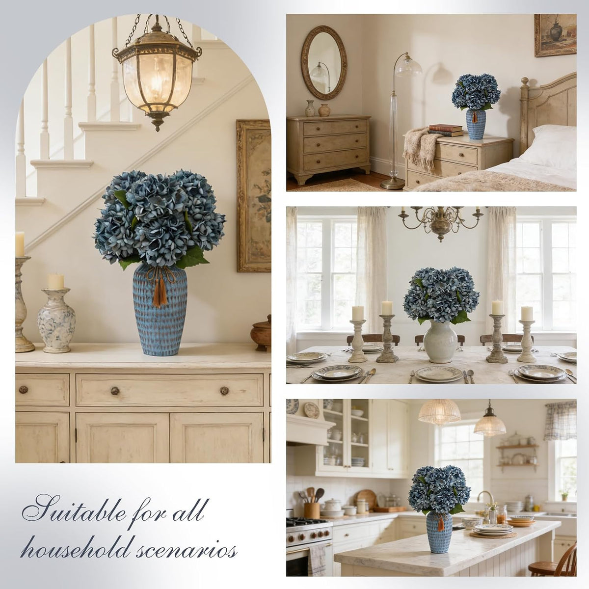 6PCS Realistic Artificial Silk Hydrangea Flowers – Premium Fake Hydrangea Flowers Bouquets with Stems, Full Faux Hydrangea Blooms for Home Wedding Table Party Office Decorations(Light Green)