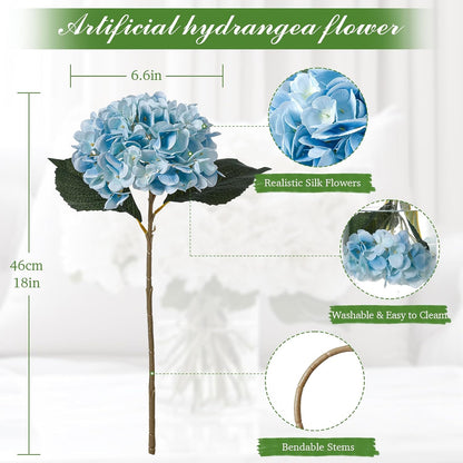 6PCS Realistic Artificial Silk Hydrangea Flowers – Premium Fake Hydrangea Flowers Bouquets with Stems, Full Faux Hydrangea Blooms for Home Wedding Table Party Office Decorations(Light Green)