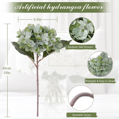 6PCS Realistic Artificial Silk Hydrangea Flowers – Premium Fake Hydrangea Flowers Bouquets with Stems, Full Faux Hydrangea Blooms for Home Wedding Table Party Office Decorations(Light Green)
