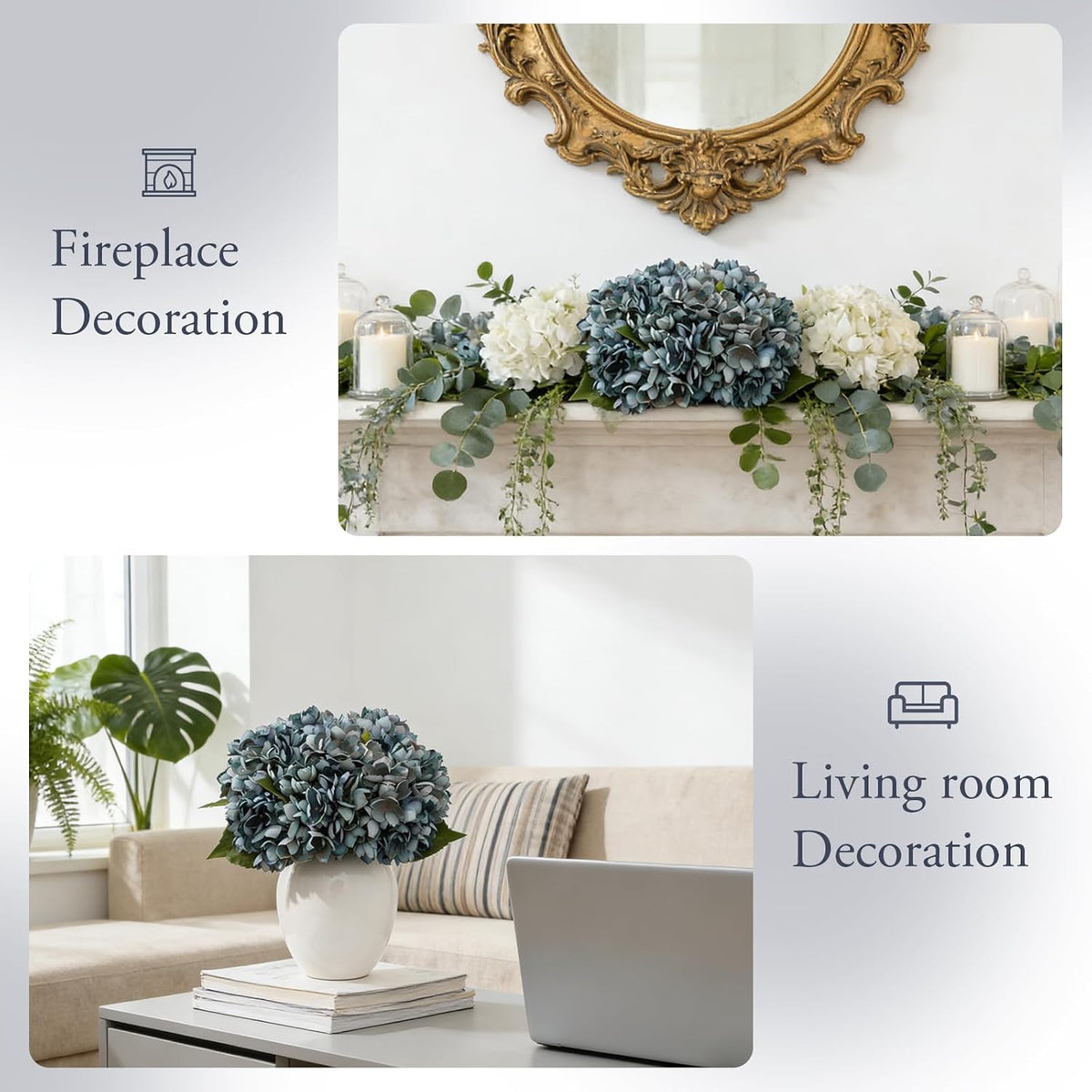 6PCS Realistic Artificial Silk Hydrangea Flowers – Premium Fake Hydrangea Flowers Bouquets with Stems, Full Faux Hydrangea Blooms for Home Wedding Table Party Office Decorations(Light Green)