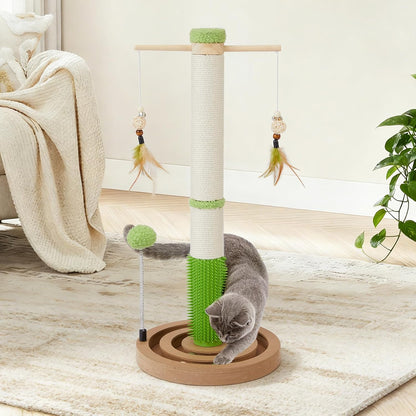 38 Inch Tall Sisal Scratching Posts with Hanging Feather Toy for Indoor Cat | Sturdy Cat Scratcher Post with Rubber Brush and Interactive Wooden Ball Track for Adult Cats and Kitten Play
