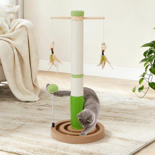 38 Inch Tall Sisal Scratching Posts with Hanging Feather Toy for Indoor Cat | Sturdy Cat Scratcher Post with Rubber Brush and Interactive Wooden Ball Track for Adult Cats and Kitten Play