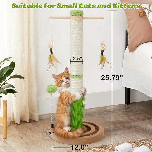 38 Inch Tall Sisal Scratching Posts with Hanging Feather Toy for Indoor Cat | Sturdy Cat Scratcher Post with Rubber Brush and Interactive Wooden Ball Track for Adult Cats and Kitten Play