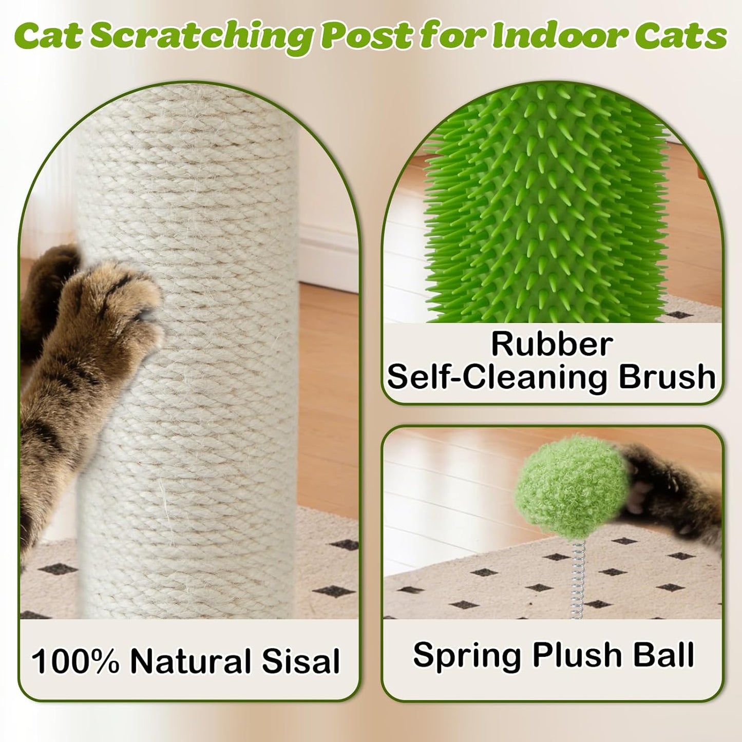 38 Inch Tall Sisal Scratching Posts with Hanging Feather Toy for Indoor Cat | Sturdy Cat Scratcher Post with Rubber Brush and Interactive Wooden Ball Track for Adult Cats and Kitten Play