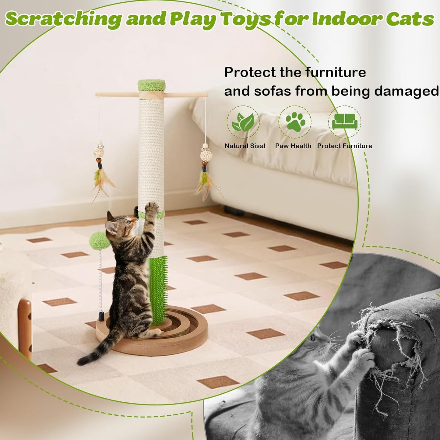 38 Inch Tall Sisal Scratching Posts with Hanging Feather Toy for Indoor Cat | Sturdy Cat Scratcher Post with Rubber Brush and Interactive Wooden Ball Track for Adult Cats and Kitten Play