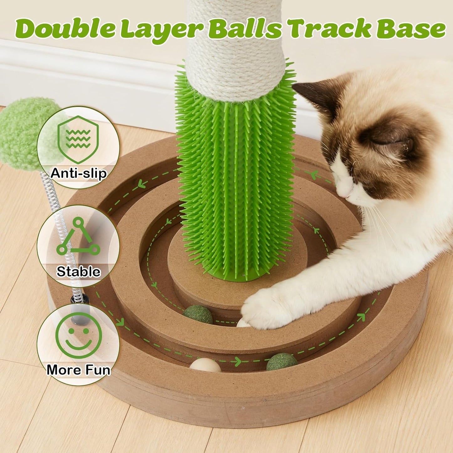 38 Inch Tall Sisal Scratching Posts with Hanging Feather Toy for Indoor Cat | Sturdy Cat Scratcher Post with Rubber Brush and Interactive Wooden Ball Track for Adult Cats and Kitten Play