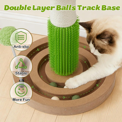 38 Inch Tall Sisal Scratching Posts with Hanging Feather Toy for Indoor Cat | Sturdy Cat Scratcher Post with Rubber Brush and Interactive Wooden Ball Track for Adult Cats and Kitten Play