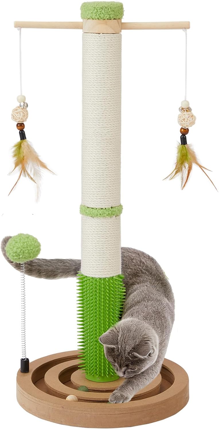 38 Inch Tall Sisal Scratching Posts with Hanging Feather Toy for Indoor Cat | Sturdy Cat Scratcher Post with Rubber Brush and Interactive Wooden Ball Track for Adult Cats and Kitten Play
