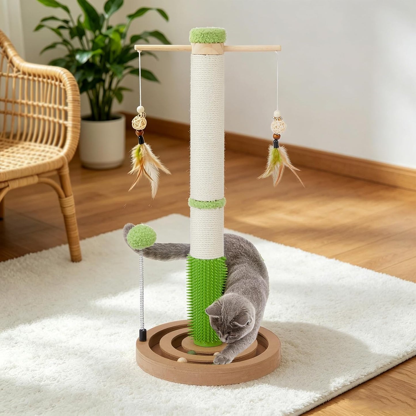 38 Inch Tall Sisal Scratching Posts with Hanging Feather Toy for Indoor Cat | Sturdy Cat Scratcher Post with Rubber Brush and Interactive Wooden Ball Track for Adult Cats and Kitten Play