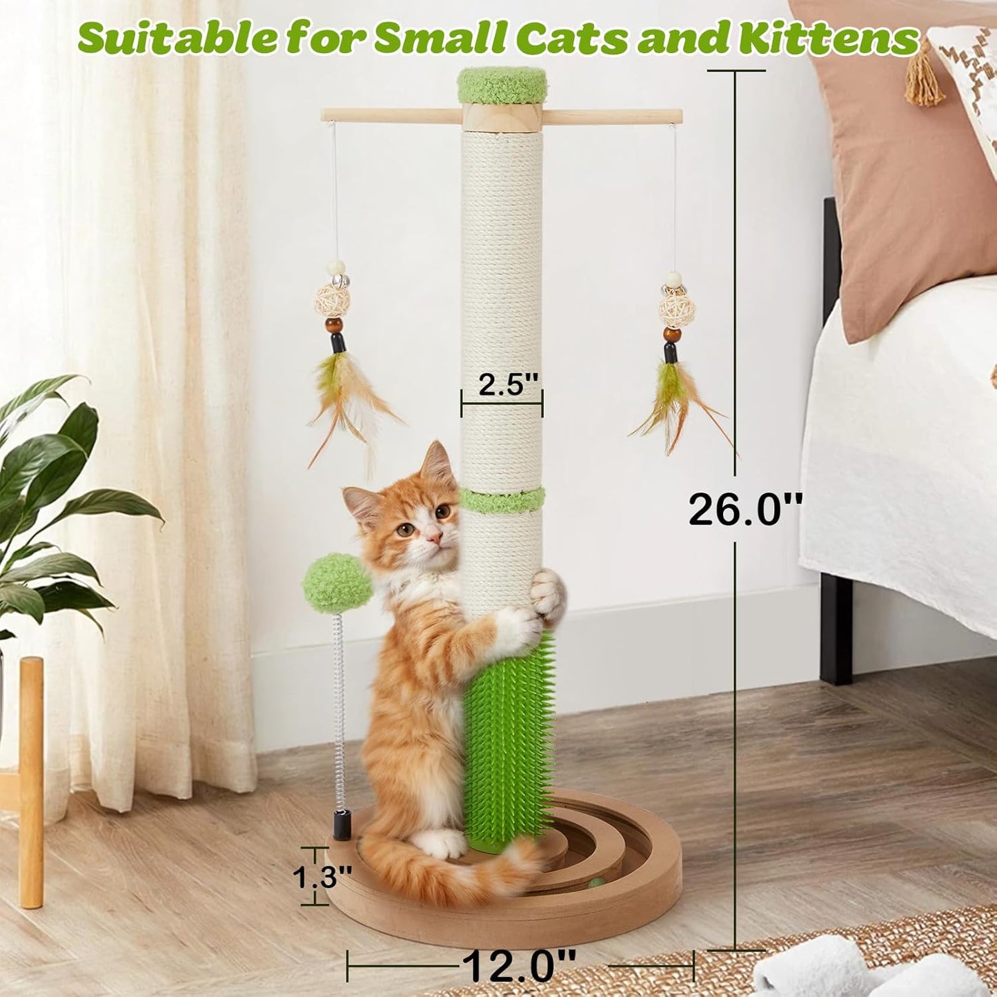 38 Inch Tall Sisal Scratching Posts with Hanging Feather Toy for Indoor Cat | Sturdy Cat Scratcher Post with Rubber Brush and Interactive Wooden Ball Track for Adult Cats and Kitten Play