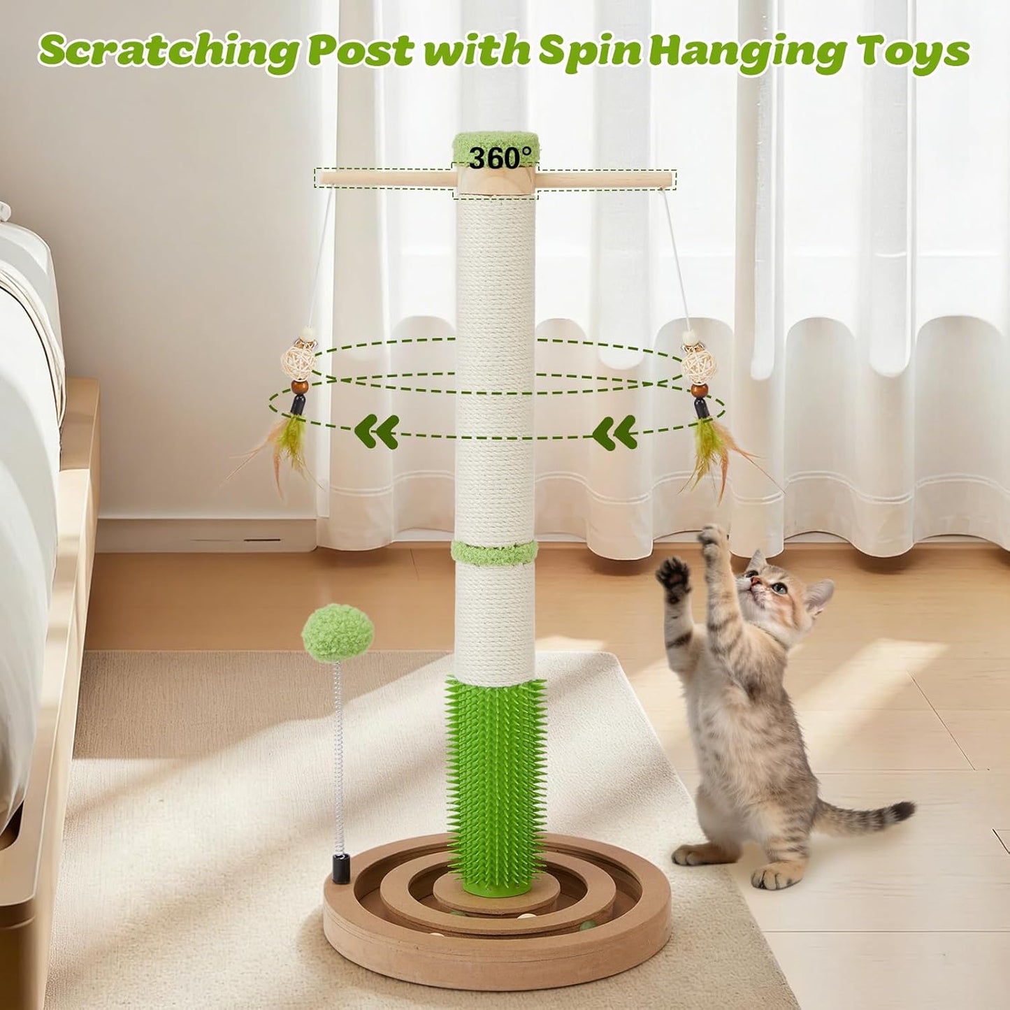 38 Inch Tall Sisal Scratching Posts with Hanging Feather Toy for Indoor Cat | Sturdy Cat Scratcher Post with Rubber Brush and Interactive Wooden Ball Track for Adult Cats and Kitten Play