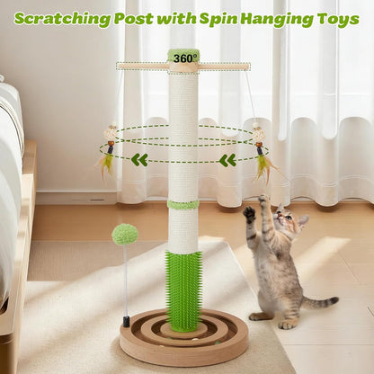 38 Inch Tall Sisal Scratching Posts with Hanging Feather Toy for Indoor Cat | Sturdy Cat Scratcher Post with Rubber Brush and Interactive Wooden Ball Track for Adult Cats and Kitten Play