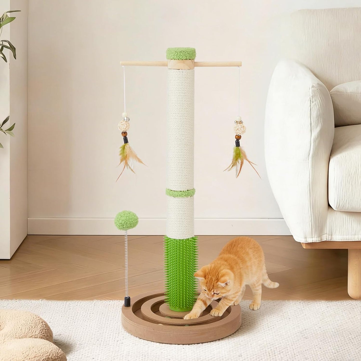 38 Inch Tall Sisal Scratching Posts with Hanging Feather Toy for Indoor Cat | Sturdy Cat Scratcher Post with Rubber Brush and Interactive Wooden Ball Track for Adult Cats and Kitten Play