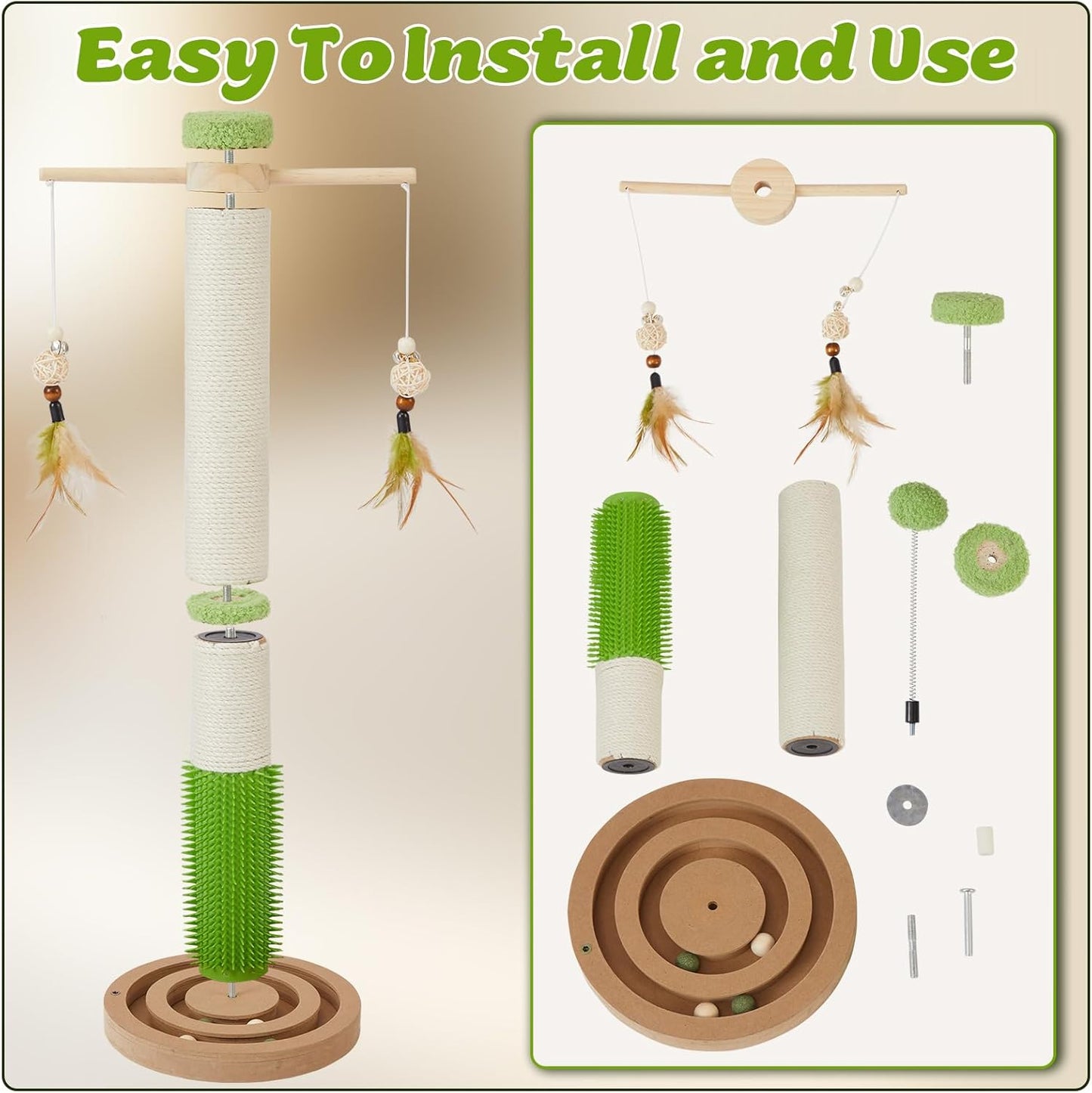 38 Inch Tall Sisal Scratching Posts with Hanging Feather Toy for Indoor Cat | Sturdy Cat Scratcher Post with Rubber Brush and Interactive Wooden Ball Track for Adult Cats and Kitten Play