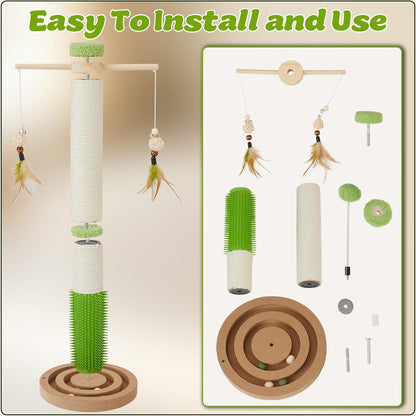 38 Inch Tall Sisal Scratching Posts with Hanging Feather Toy for Indoor Cat | Sturdy Cat Scratcher Post with Rubber Brush and Interactive Wooden Ball Track for Adult Cats and Kitten Play