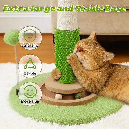 38 Inch Tall Sisal Scratching Posts with Hanging Feather Toy for Indoor Cat | Sturdy Cat Scratcher Post with Rubber Brush and Interactive Wooden Ball Track for Adult Cats and Kitten Play