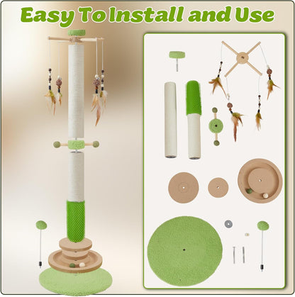 38 Inch Tall Sisal Scratching Posts with Hanging Feather Toy for Indoor Cat | Sturdy Cat Scratcher Post with Rubber Brush and Interactive Wooden Ball Track for Adult Cats and Kitten Play