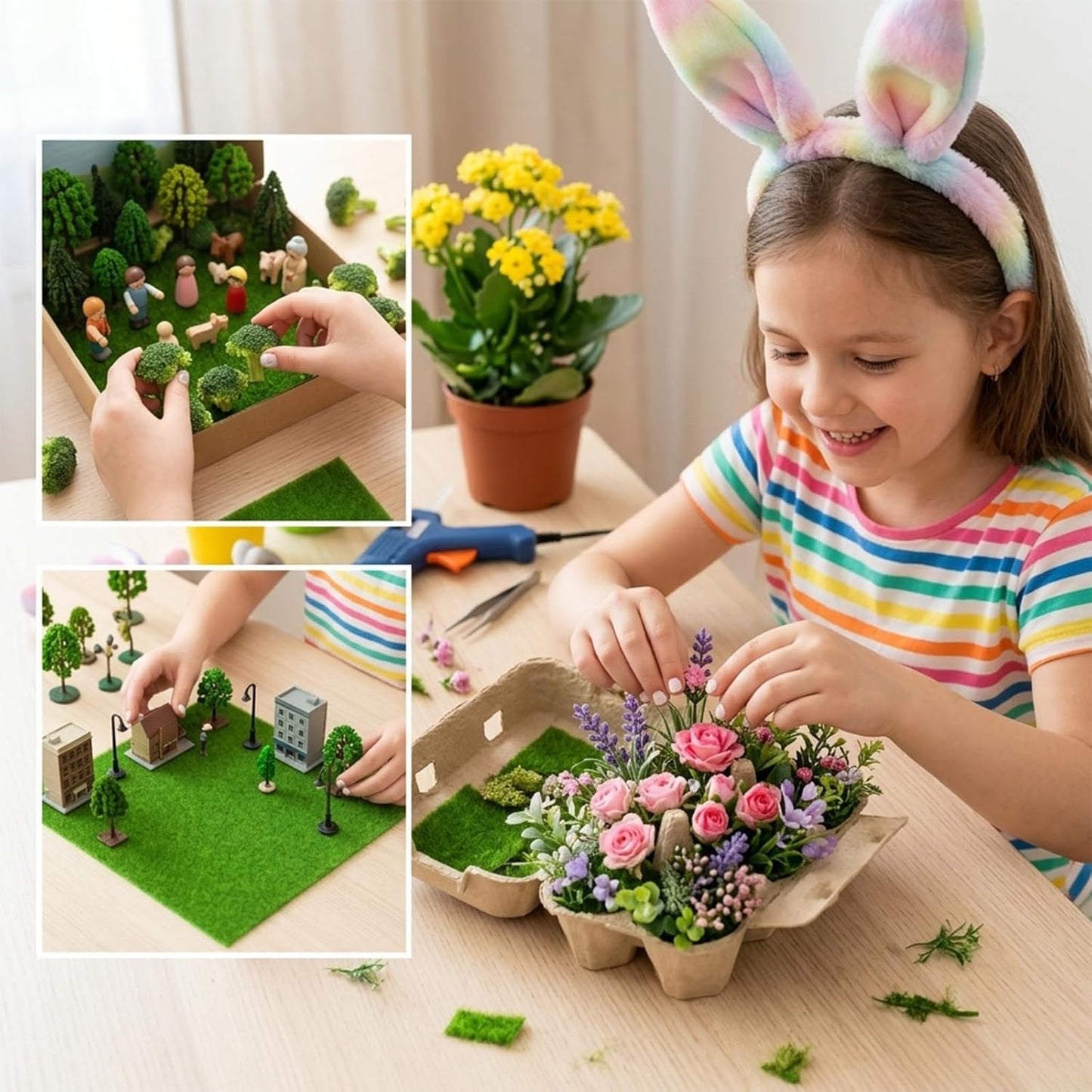 4 Pieces Fake Grass for Crafts 8 × 8 Inches Artificial Grass Green Fairy Garden Grasses Faux Turf Squares Mats for Miniature Ornament Dollhouse DIY Crafts Decor (20 X 20cm)