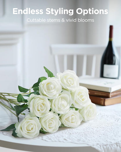 50 Pcs White Roses Artificial Flowers, Fake Velvet Silk Rose Bulk Faux Flower for Mother's Gift Decoration DIY Wedding Centerpieces Proposal Bridal Bouquets Party Floral Decor (50, White)