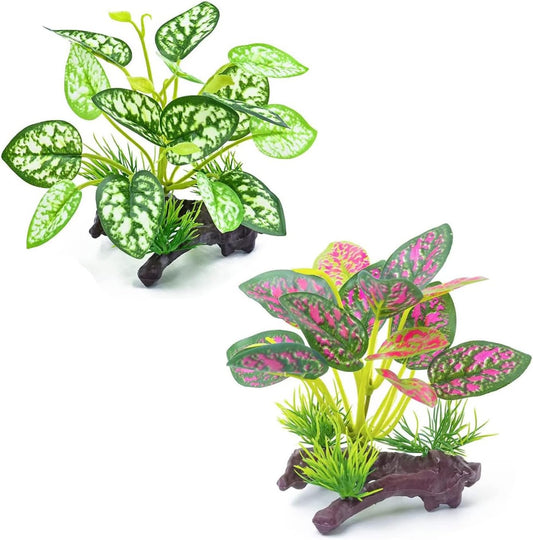 2pcs Reptile Artificial Plants, Terrarium Plants Decorations Supplies, Aquarium Fish Tank Plant, Amphibian Habitat Hideout Tank Accessories (White + Red Leaves)