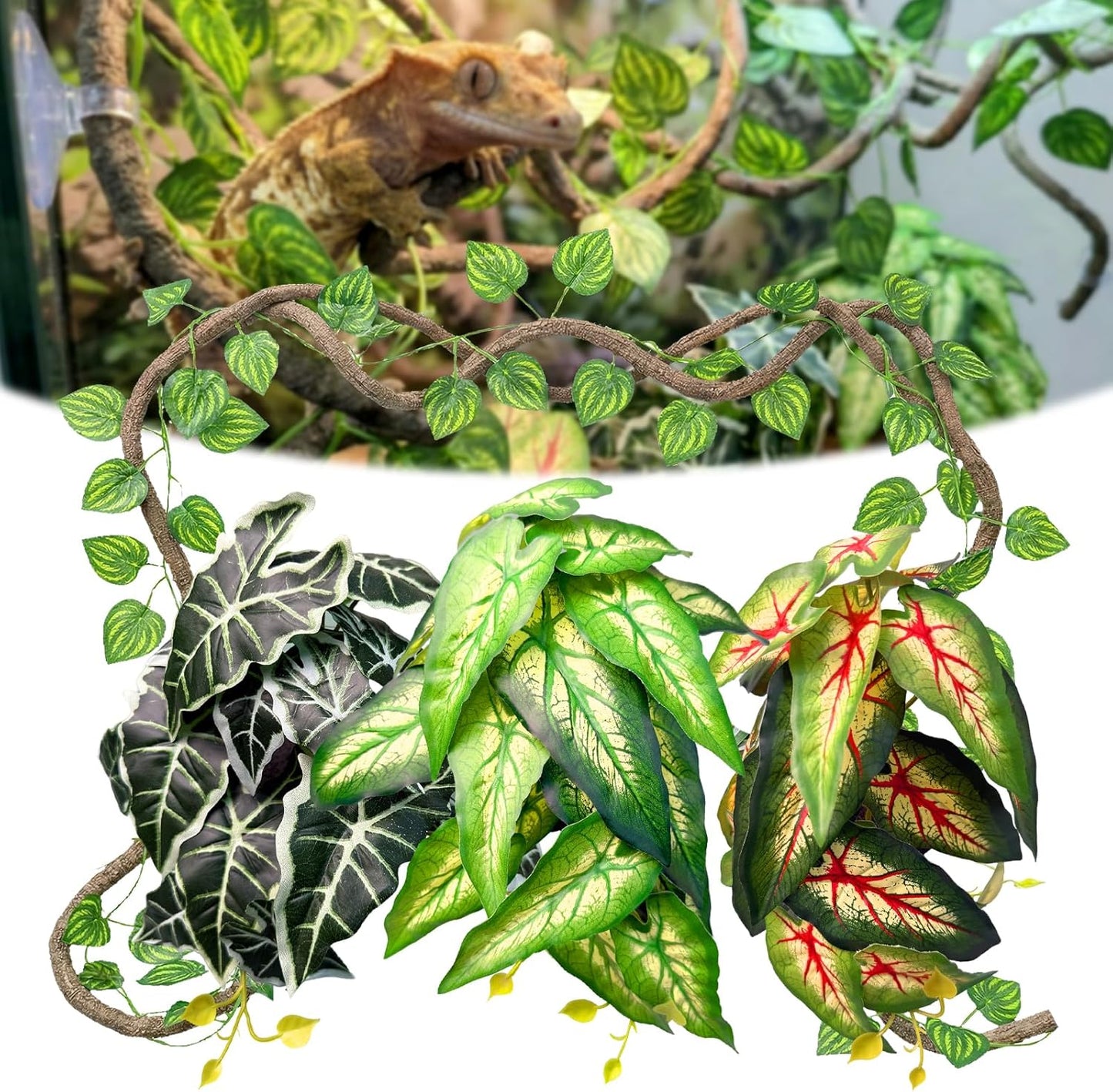 5 Pcs Reptile Plants & Habitat Decor Kit - 3 Artificial Plants & Large 5ft Jungle Vine Branch, Amphibian Habitat Hideout Tank Decorations fit Crested Gecko Leopard Lizard Chameleon Ball Python Frog