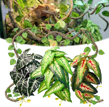 5 Pcs Reptile Plants & Habitat Decor Kit - 3 Artificial Plants & Large 5ft Jungle Vine Branch, Amphibian Habitat Hideout Tank Decorations fit Crested Gecko Leopard Lizard Chameleon Ball Python Frog