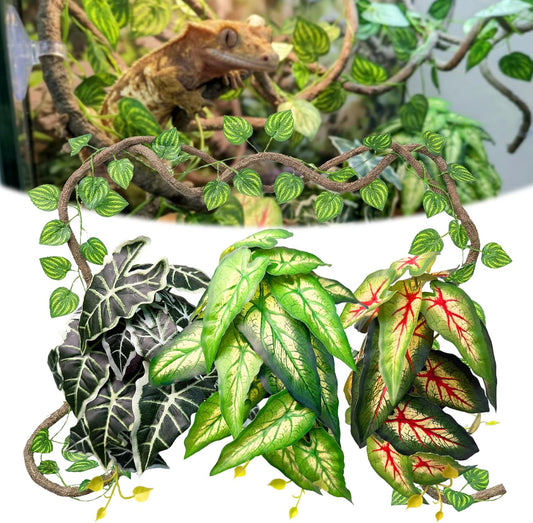 5 Pcs Reptile Plants & Habitat Decor Kit - 3 Artificial Plants & Large 5ft Jungle Vine Branch, Amphibian Habitat Hideout Tank Decorations fit Crested Gecko Leopard Lizard Chameleon Ball Python Frog