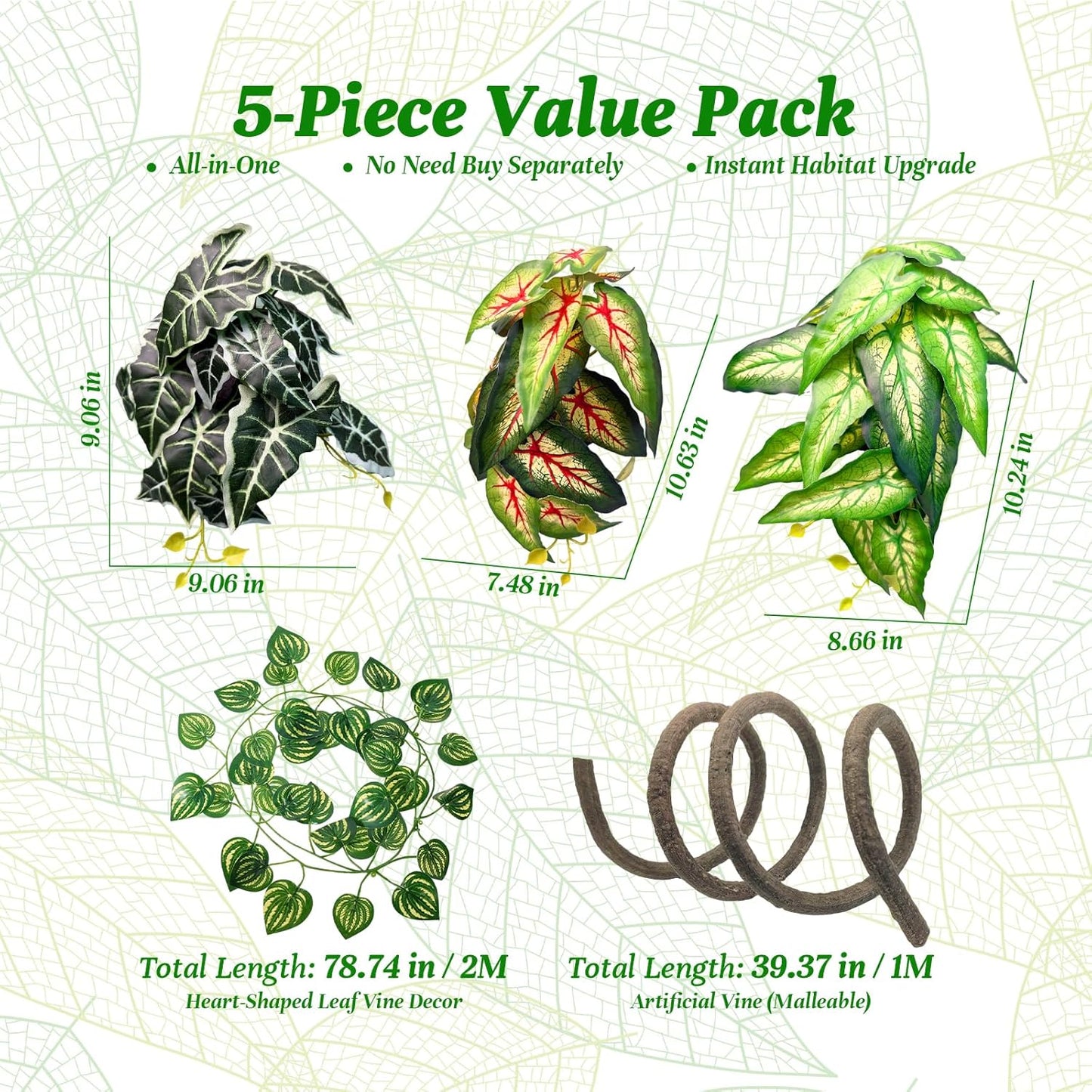 5 Pcs Reptile Plants & Habitat Decor Kit - 3 Artificial Plants & Large 5ft Jungle Vine Branch, Amphibian Habitat Hideout Tank Decorations fit Crested Gecko Leopard Lizard Chameleon Ball Python Frog