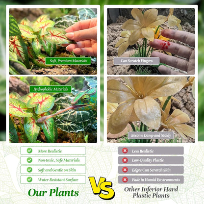 5 Pcs Reptile Plants & Habitat Decor Kit - 3 Artificial Plants & Large 5ft Jungle Vine Branch, Amphibian Habitat Hideout Tank Decorations fit Crested Gecko Leopard Lizard Chameleon Ball Python Frog