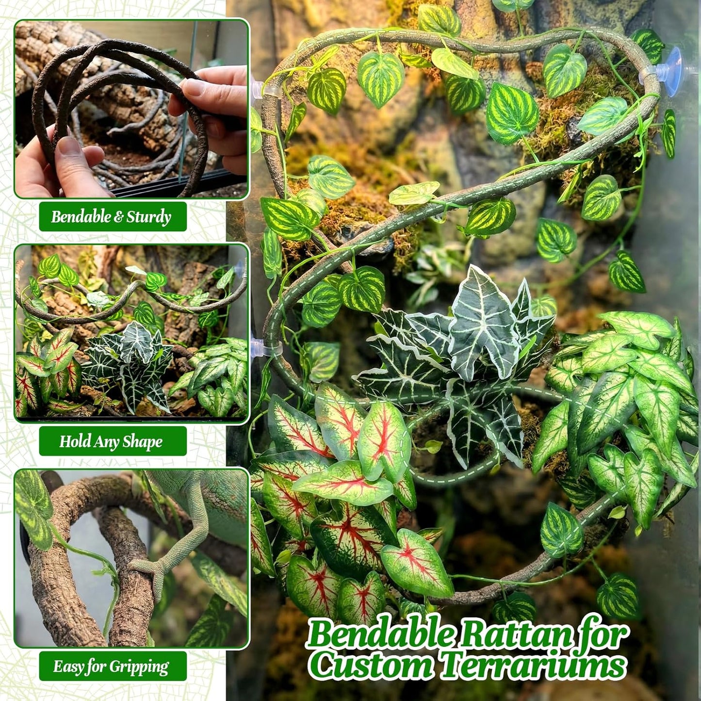 5 Pcs Reptile Plants & Habitat Decor Kit - 3 Artificial Plants & Large 5ft Jungle Vine Branch, Amphibian Habitat Hideout Tank Decorations fit Crested Gecko Leopard Lizard Chameleon Ball Python Frog