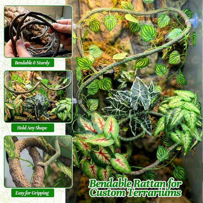 5 Pcs Reptile Plants & Habitat Decor Kit - 3 Artificial Plants & Large 5ft Jungle Vine Branch, Amphibian Habitat Hideout Tank Decorations fit Crested Gecko Leopard Lizard Chameleon Ball Python Frog