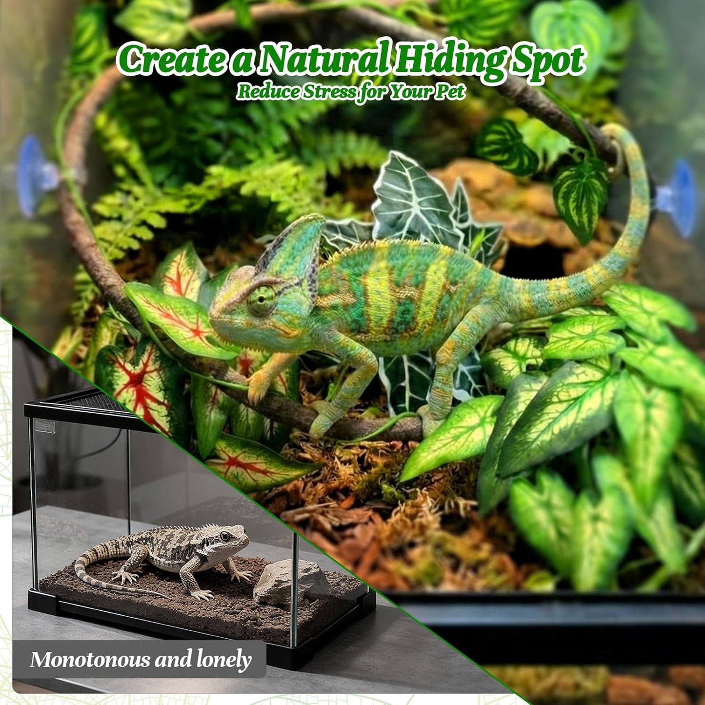 5 Pcs Reptile Plants & Habitat Decor Kit - 3 Artificial Plants & Large 5ft Jungle Vine Branch, Amphibian Habitat Hideout Tank Decorations fit Crested Gecko Leopard Lizard Chameleon Ball Python Frog