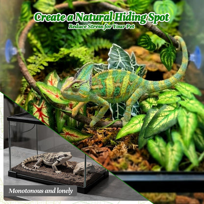 5 Pcs Reptile Plants & Habitat Decor Kit - 3 Artificial Plants & Large 5ft Jungle Vine Branch, Amphibian Habitat Hideout Tank Decorations fit Crested Gecko Leopard Lizard Chameleon Ball Python Frog