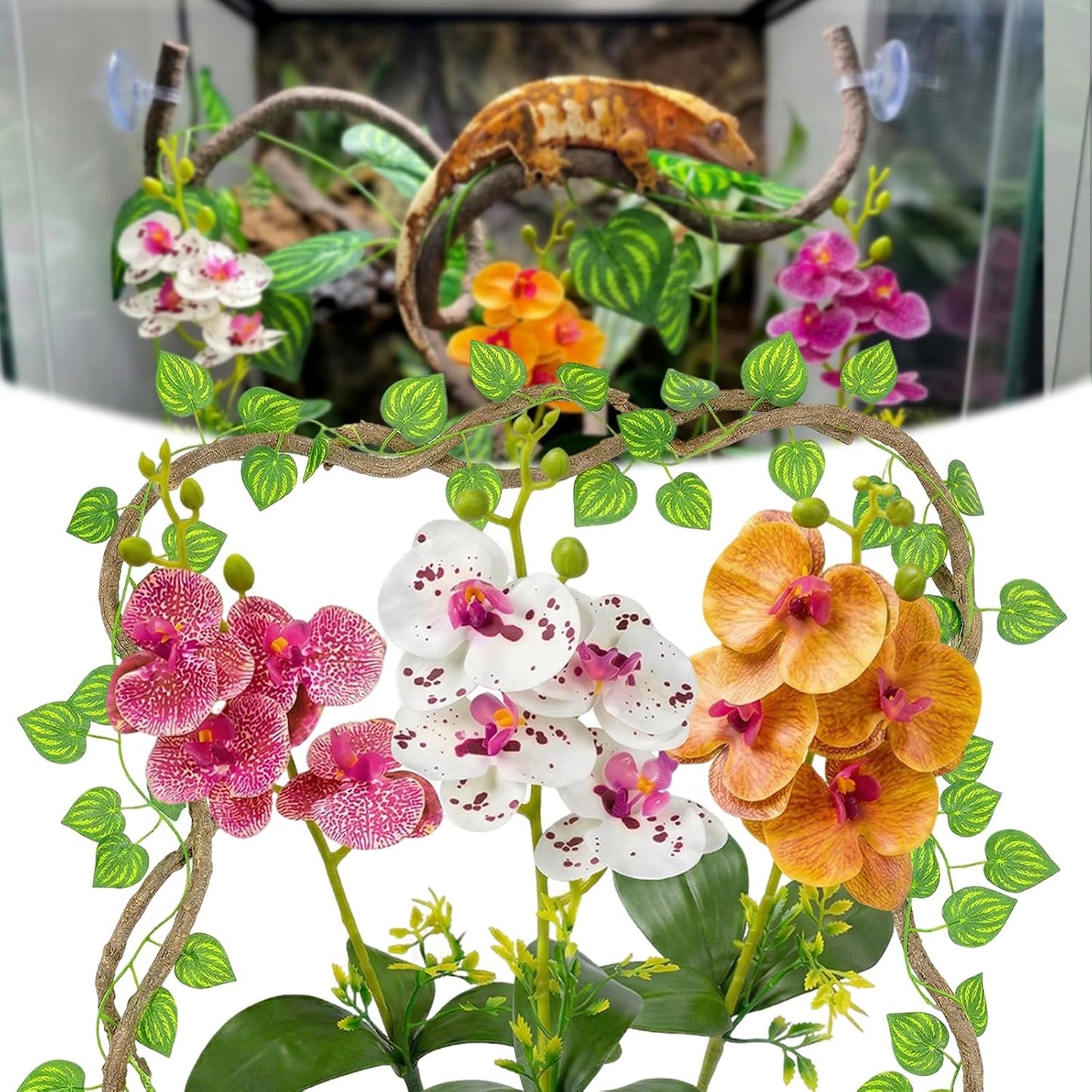 5 Pcs Reptile Plants & Habitat Decor Kit - 3 Artificial Plants & Large 5ft Jungle Vine Branch, Amphibian Habitat Hideout Tank Decorations fit Crested Gecko Leopard Lizard Chameleon Ball Python Frog