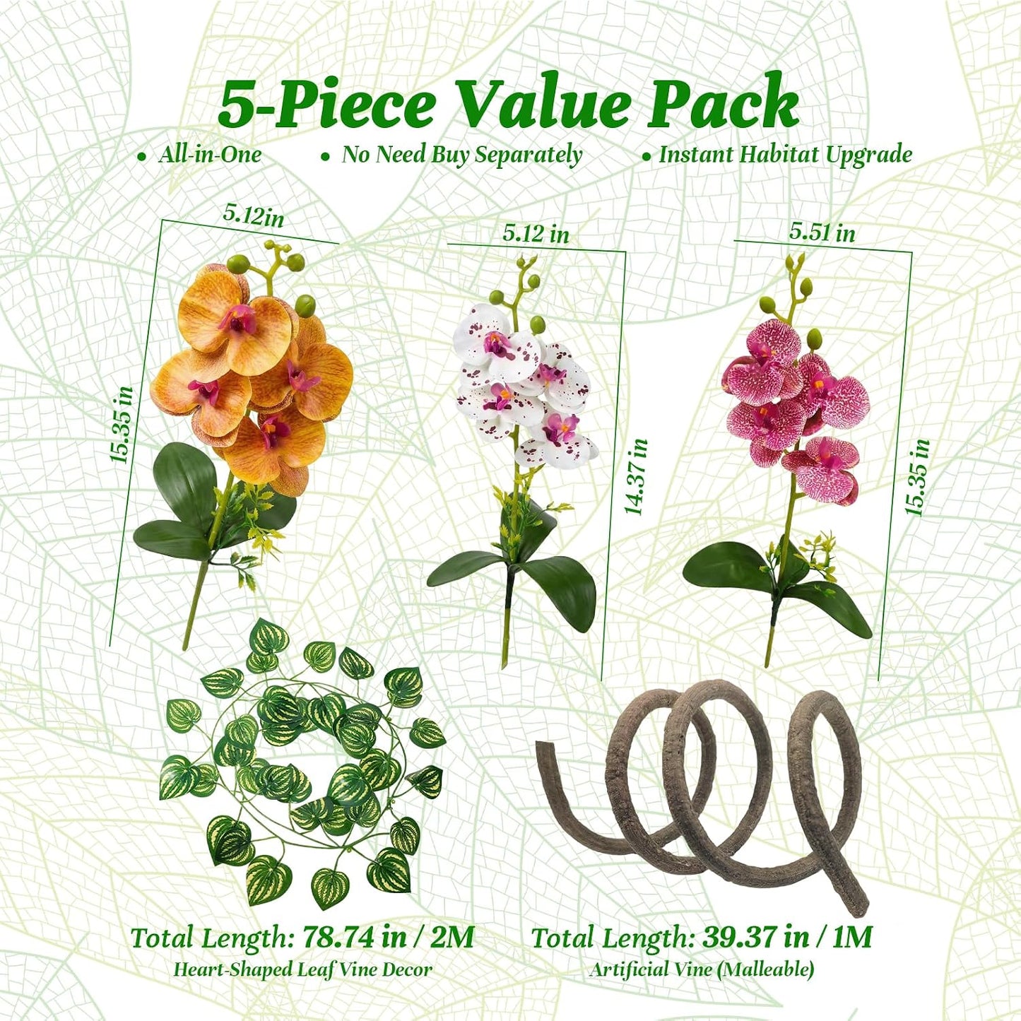 5 Pcs Reptile Plants & Habitat Decor Kit - 3 Artificial Plants & Large 5ft Jungle Vine Branch, Amphibian Habitat Hideout Tank Decorations fit Crested Gecko Leopard Lizard Chameleon Ball Python Frog