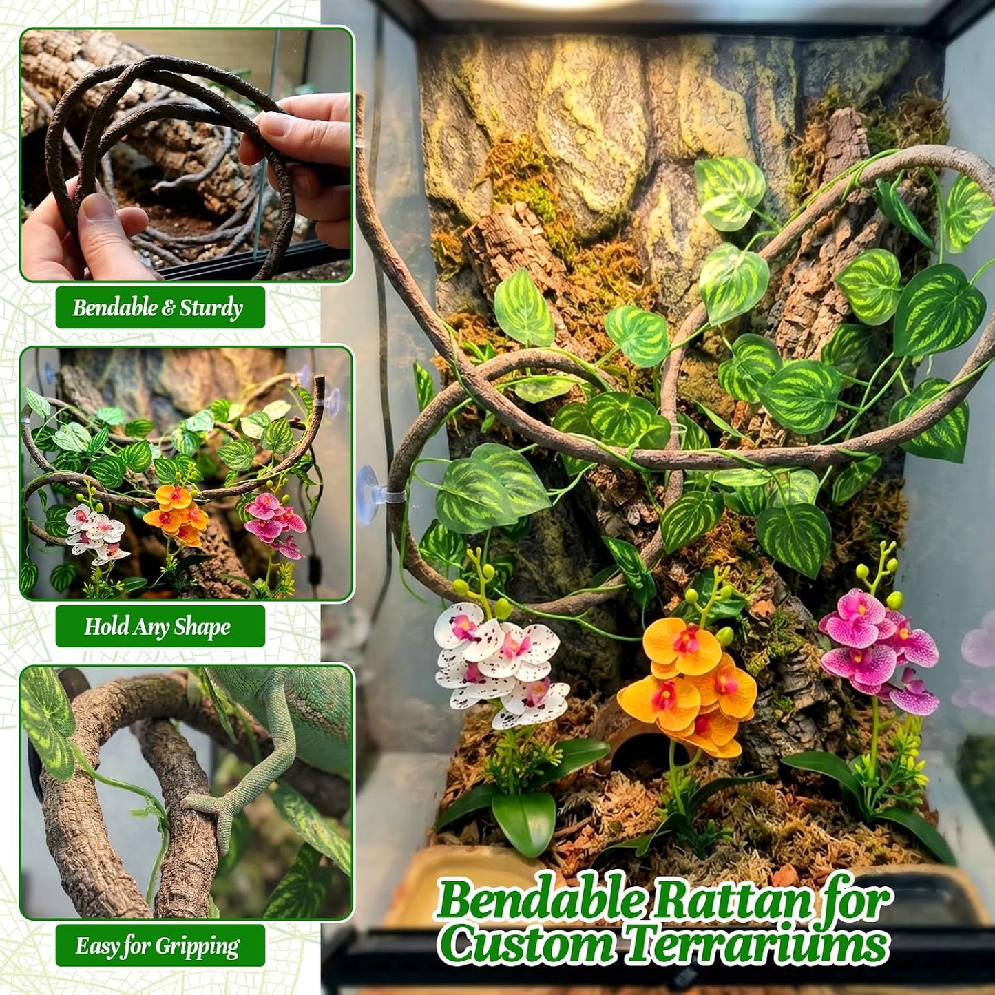 5 Pcs Reptile Plants & Habitat Decor Kit - 3 Artificial Plants & Large 5ft Jungle Vine Branch, Amphibian Habitat Hideout Tank Decorations fit Crested Gecko Leopard Lizard Chameleon Ball Python Frog