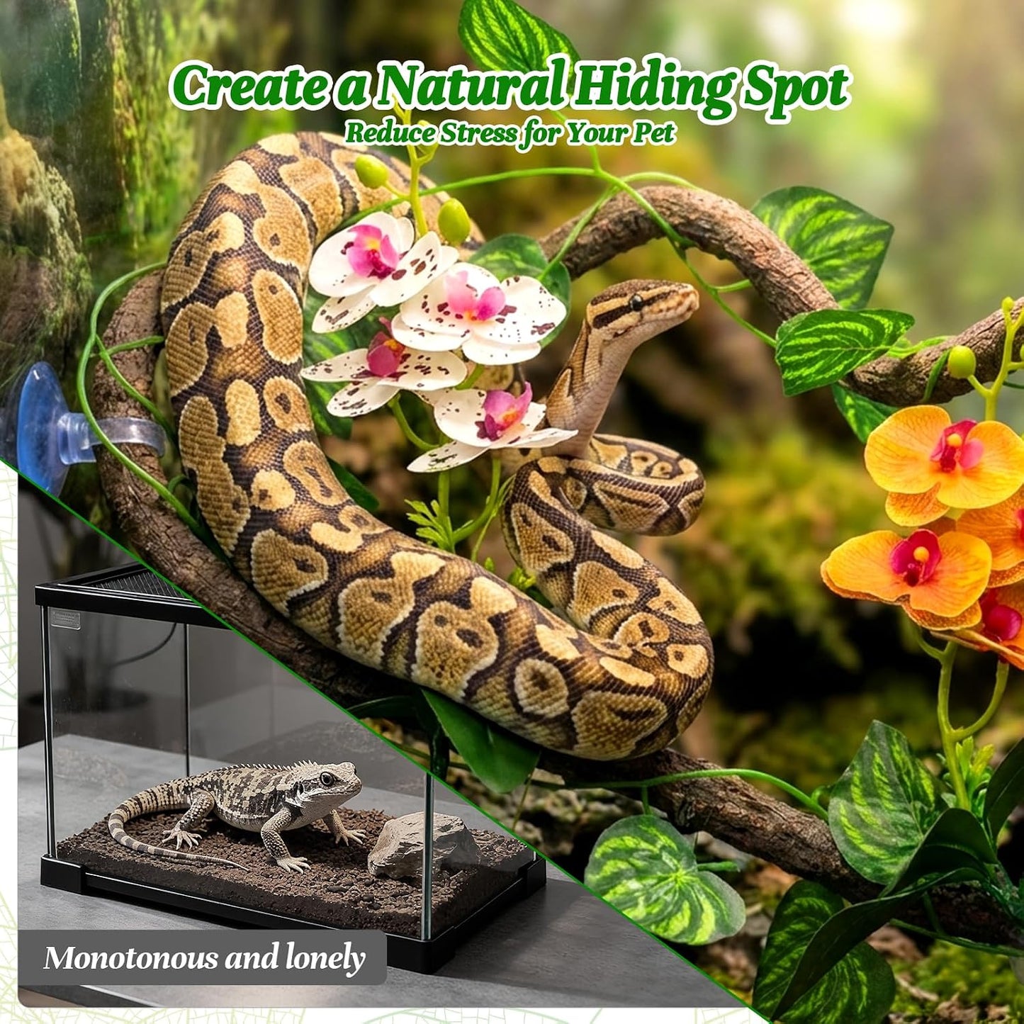 5 Pcs Reptile Plants & Habitat Decor Kit - 3 Artificial Plants & Large 5ft Jungle Vine Branch, Amphibian Habitat Hideout Tank Decorations fit Crested Gecko Leopard Lizard Chameleon Ball Python Frog