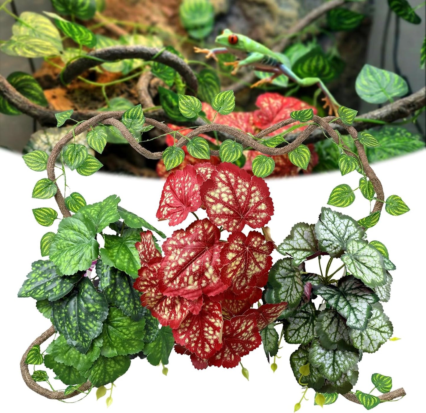 5 Pcs Reptile Plants & Habitat Decor Kit - 3 Artificial Plants & Large 5ft Jungle Vine Branch, Amphibian Habitat Hideout Tank Decorations fit Crested Gecko Leopard Lizard Chameleon Ball Python Frog