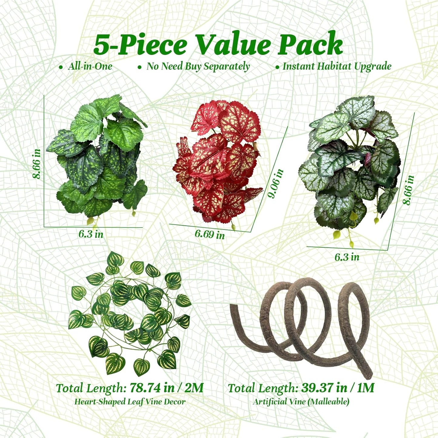 5 Pcs Reptile Plants & Habitat Decor Kit - 3 Artificial Plants & Large 5ft Jungle Vine Branch, Amphibian Habitat Hideout Tank Decorations fit Crested Gecko Leopard Lizard Chameleon Ball Python Frog