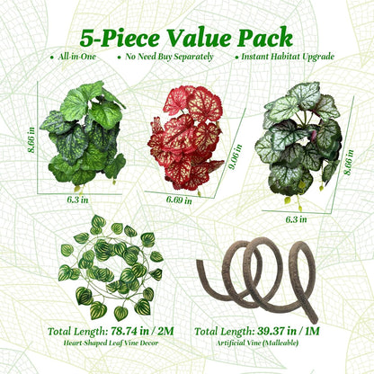 5 Pcs Reptile Plants & Habitat Decor Kit - 3 Artificial Plants & Large 5ft Jungle Vine Branch, Amphibian Habitat Hideout Tank Decorations fit Crested Gecko Leopard Lizard Chameleon Ball Python Frog