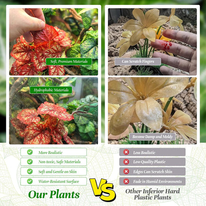 5 Pcs Reptile Plants & Habitat Decor Kit - 3 Artificial Plants & Large 5ft Jungle Vine Branch, Amphibian Habitat Hideout Tank Decorations fit Crested Gecko Leopard Lizard Chameleon Ball Python Frog